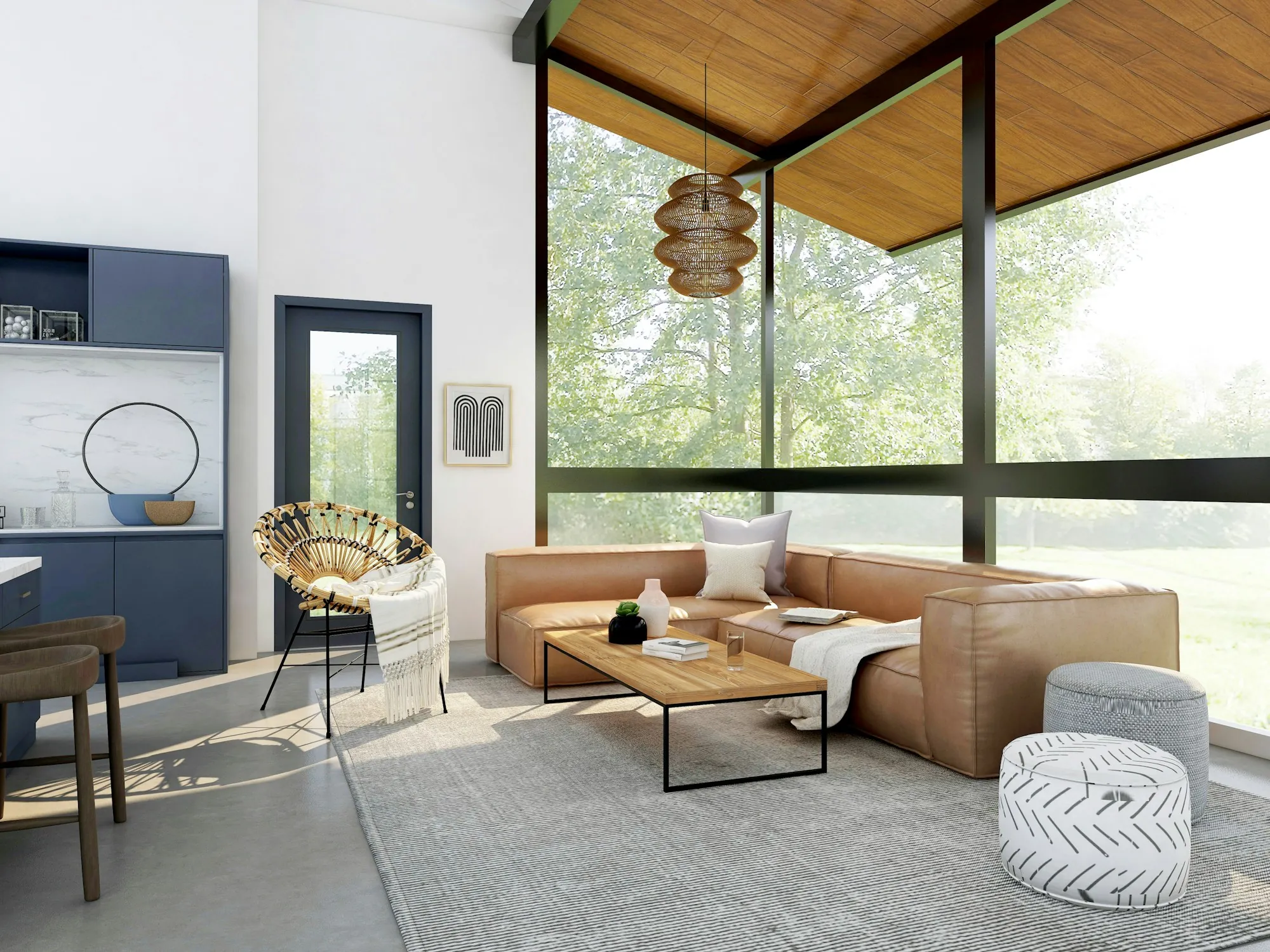 Living area with a wood ceiling and large windows